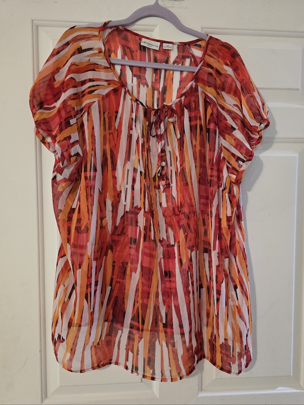 Lightweight Red & Orange Striped Tie-Neck Women’s Blouse